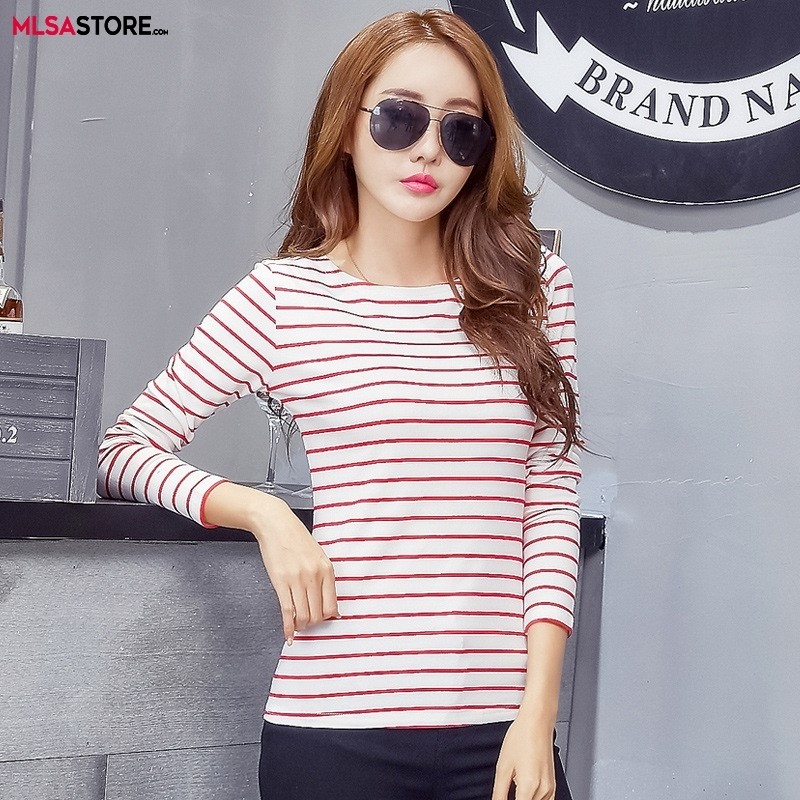 2024 Brand New Spring Autumn Women's T-shirt Pure Cotton Long Sleeve T-shirt for Female Stripes Bottom Sweatshirt